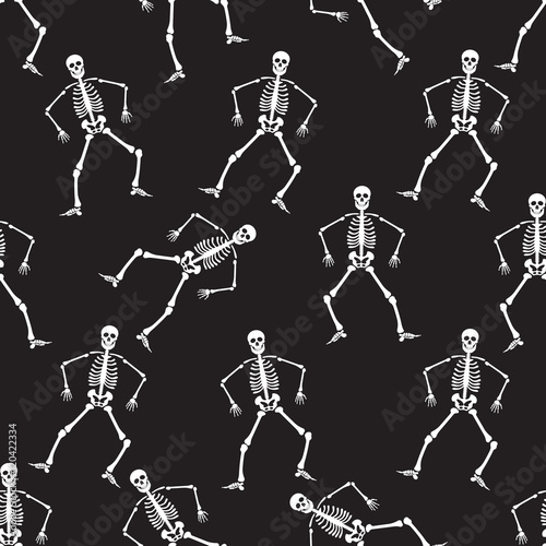 Halloween skeletons dancing on black background. Vector available