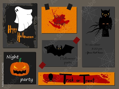 Halloween party invitation, greeting card, flyer, banner, poster templates. Hand drawn traditional symbols, cute design elements, handwritten ink lettering. Vector collection. Isolated.