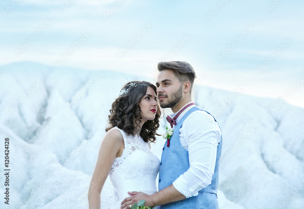 Bride and groom standing over beautiful landscape Bride and groom standing over beautiful landscape