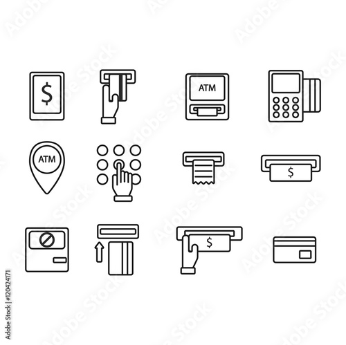 Finance atm and business vector payment card icon set. ATM icons exchange technology payment machine. Finance cash bank card atm icons credit sign banking currency symbol set.