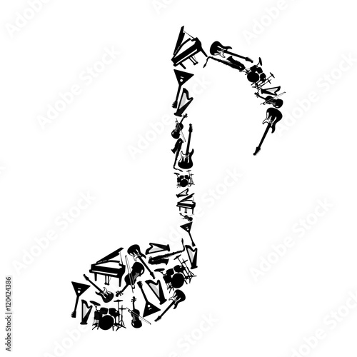 Music note including musical instruments. Harp, electric guitar, bass, balalaika, piano, drums, violin, saxophone. Vector