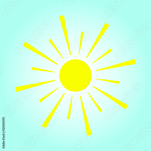 Sun icon. Yellow sun on blue background. Vector illustration