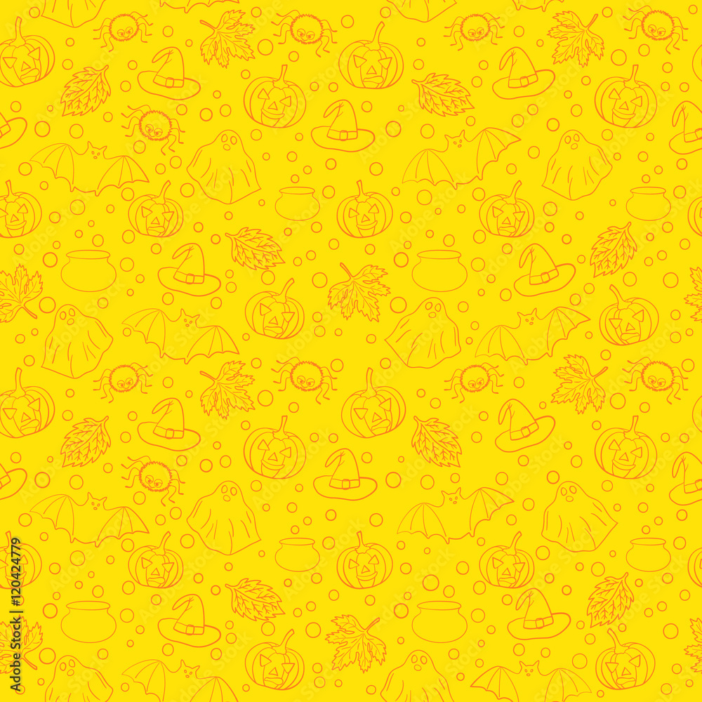 Halloween seamless pattern with spiders, witch cauldron, bat, ghost, pumpkin, leaves and bubbles on yellow background. Decoration for greeting card, poster, banner, flyer design. Vector illustration.