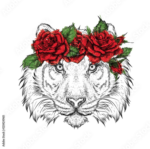 Fototapeta Naklejka Na Ścianę i Meble -  Hand draw portrait of tiger wearing a wreath of flowers. Vector illustration