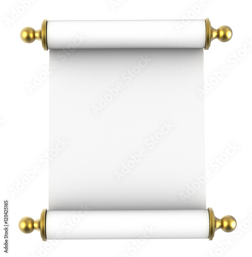 Scroll paper with golden handles isolated on white background. 3D illustration.