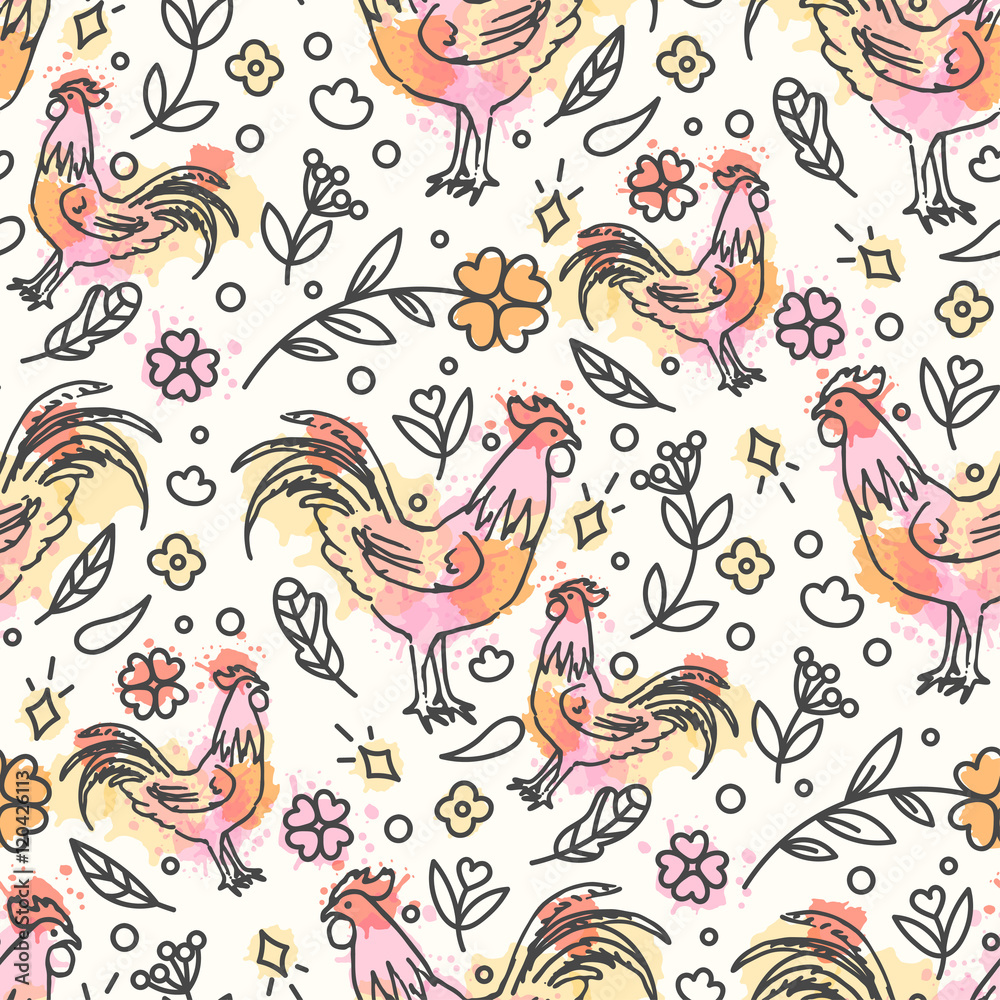 Fototapeta premium Hand Drawn Rooster Seamless Pattern. Chinese New Year