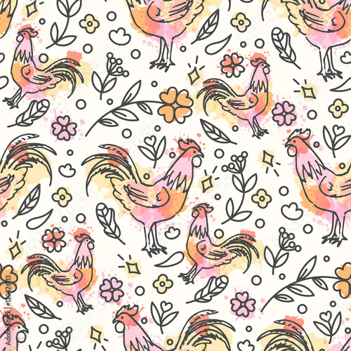 Hand Drawn Rooster Seamless Pattern. Chinese New Year