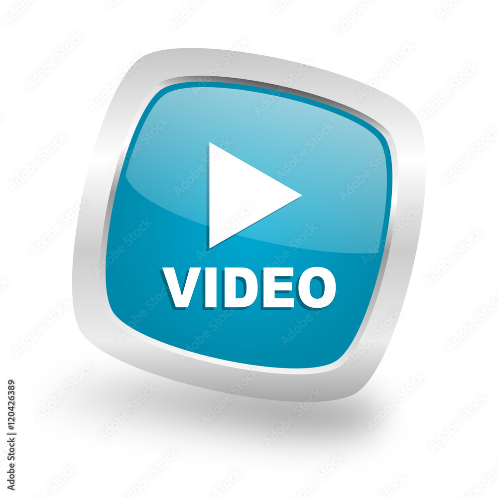 video square blue glossy chrome silver metallic web icon video square blue glossy chrome silver metallic web icon