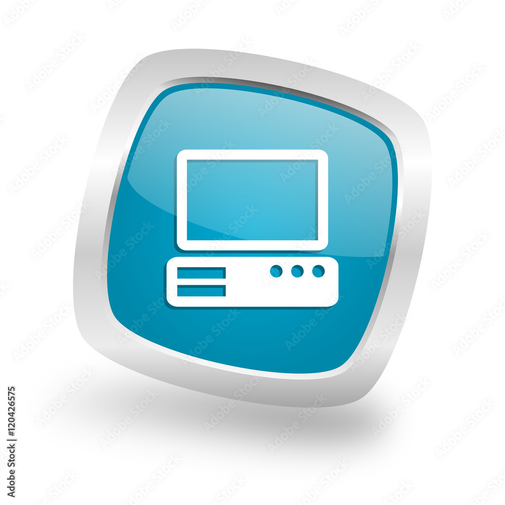 computer square blue glossy chrome silver metallic web icon computer square blue glossy chrome silver metallic web icon