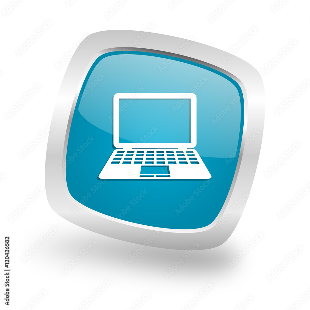 computer square blue glossy chrome silver metallic web icon computer square blue glossy chrome silver metallic web icon