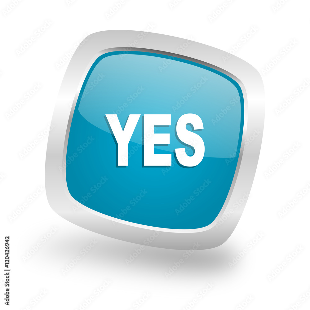yes square blue glossy chrome silver metallic web icon