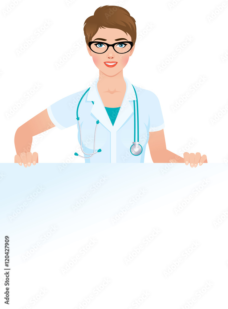 Woman doctor in medical uniform holding a blank white billboard Woman doctor in medical uniform holding a blank white billboard