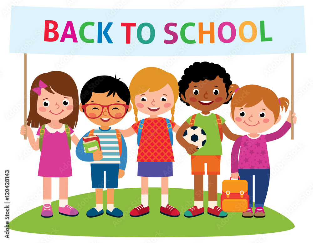 Group of happy cheerful children with backpacks holding a banner Group of happy cheerful children with backpacks holding a banner