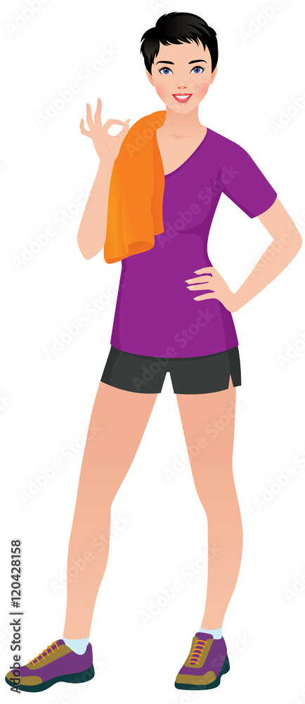 Woman athlete in training clothes shows sign okay Stock vector i Woman athlete in training clothes shows sign okay Stock vector i