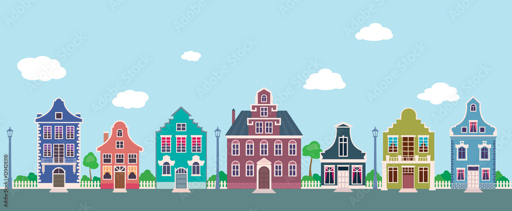 Colorful facades of the old houses on a city street cartoon Stoc