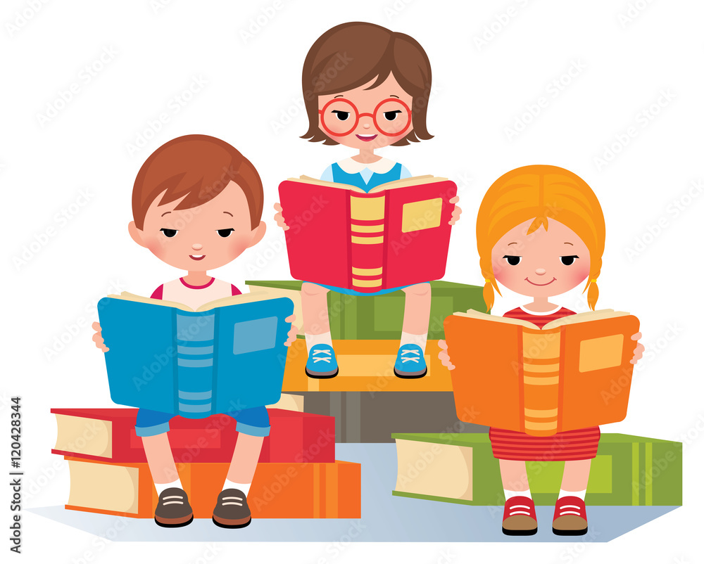Group of children reading sitting on a pile of books Stock vecto Group of children reading sitting on a pile of books Stock vecto