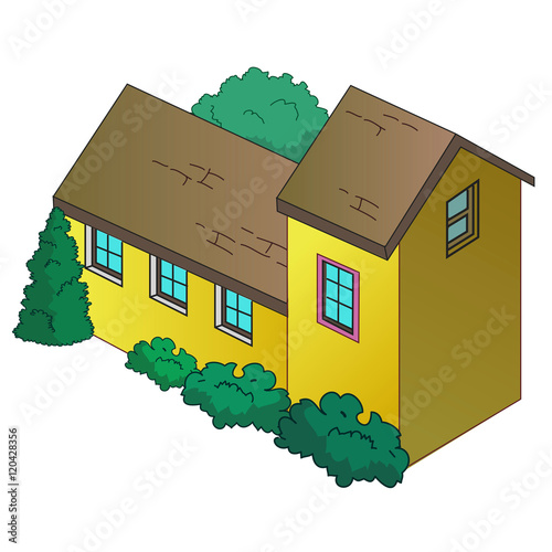 Isometric vector illustration of a country house. Painted by hand on a white background. Vector illustration.