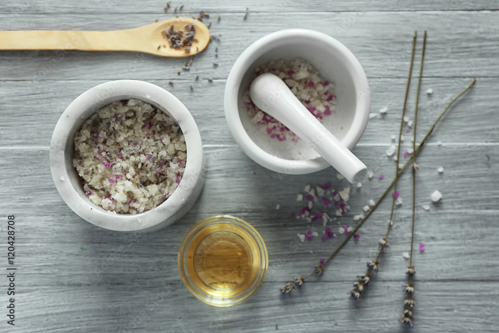 Natural scrub ingredients on white wooden background