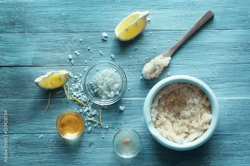 Natural scrub ingredients on wooden background