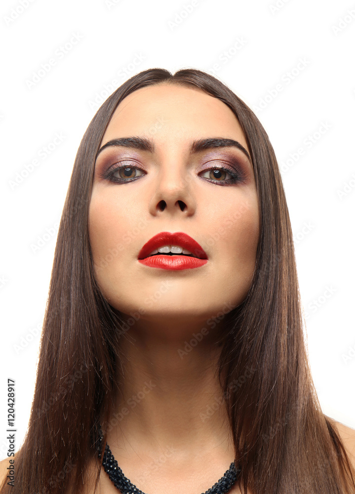 Portrait of beautiful young woman model with bright makeup, isolated on white