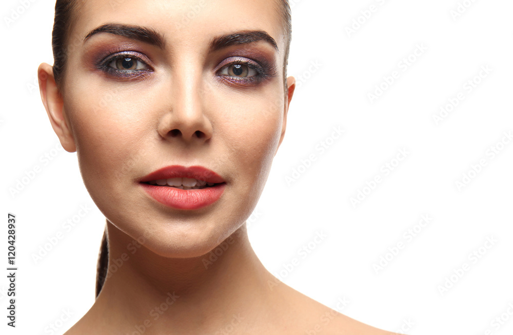 Portrait of beautiful young woman with bright makeup on white background Portrait of beautiful young woman with bright makeup on white background