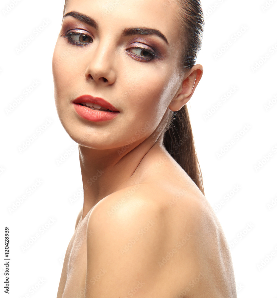 Portrait of beautiful young woman with bright makeup on white background Portrait of beautiful young woman with bright makeup on white background