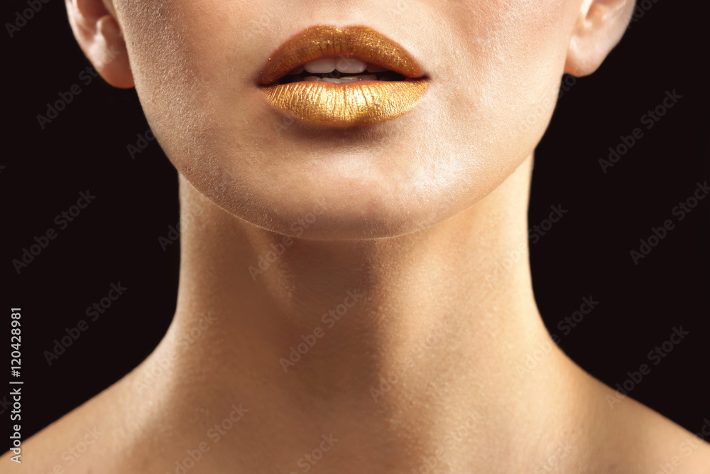 Obraz premium Lips of beautiful young woman model with bright makeup, closeup