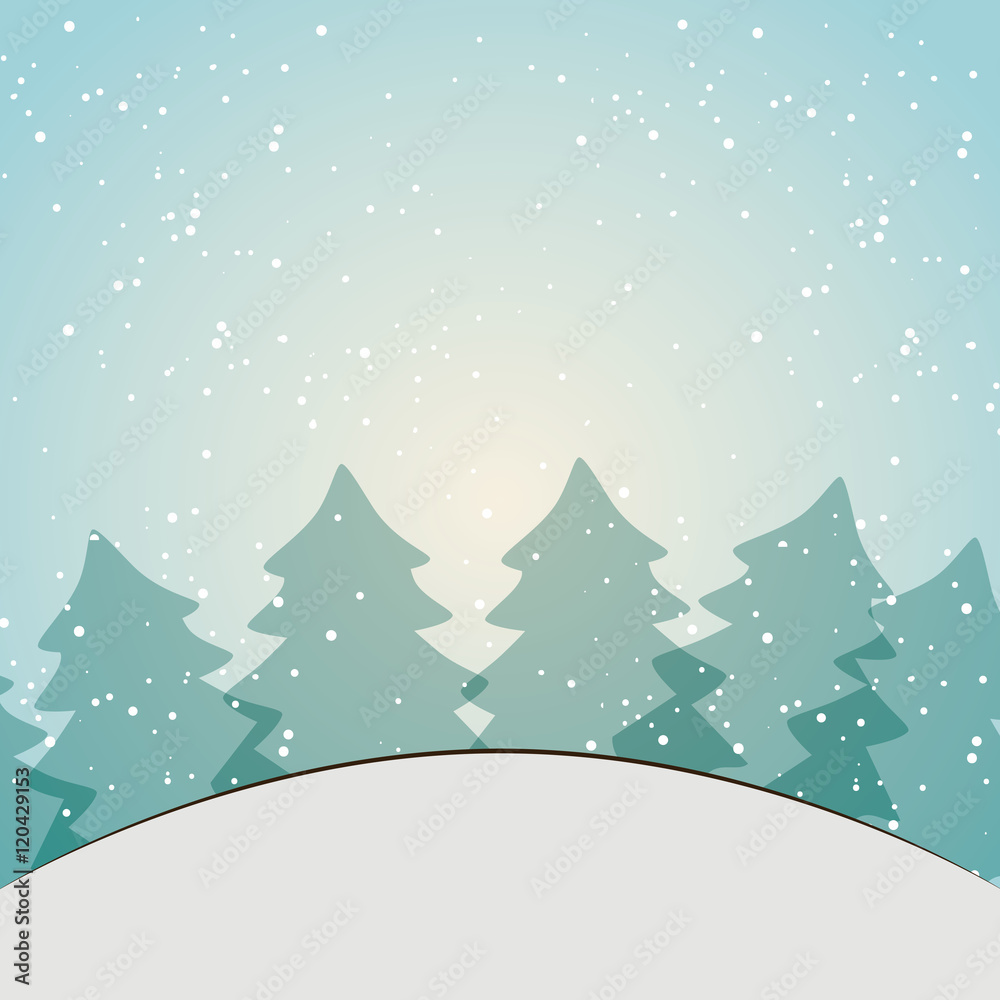 winter season landscape with pine trees and snow background. vector illustration