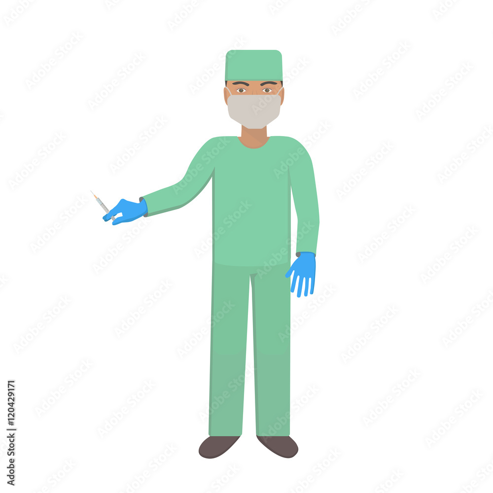 Surgeon with a syringe. Doctor makes vaccination. Vector illustration.