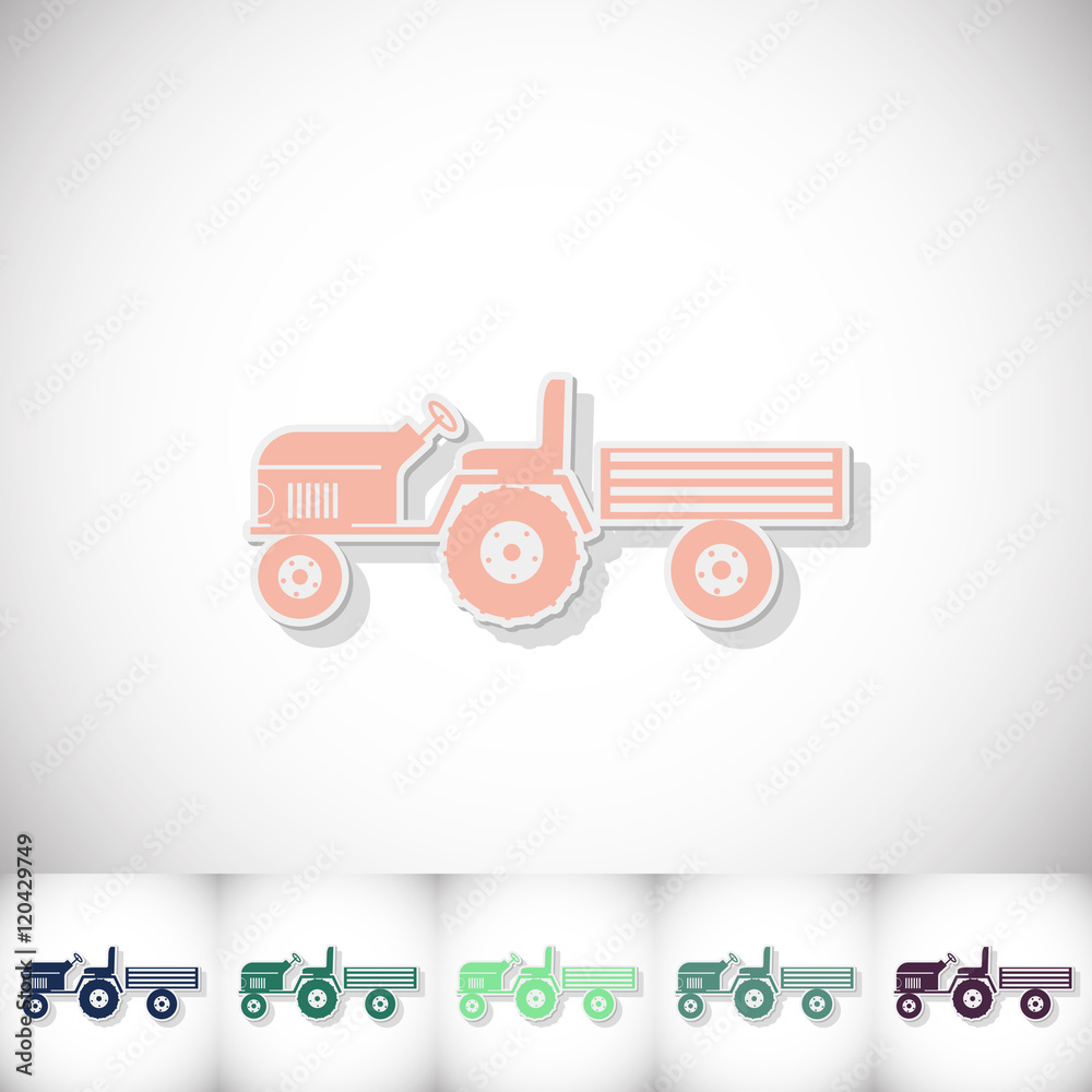Tractor and small trailer. Flat sticker with shadow on white background