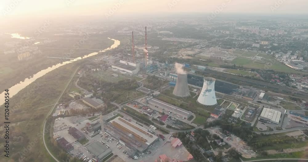 Aerial hyperlaps of power station near the Krakow at sunset time