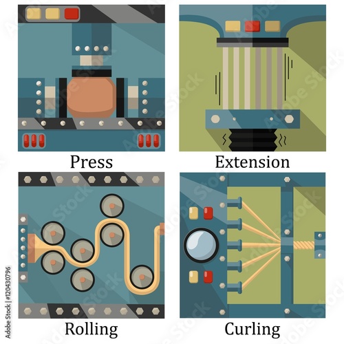 a set of four images of technological processes: pressing, twist