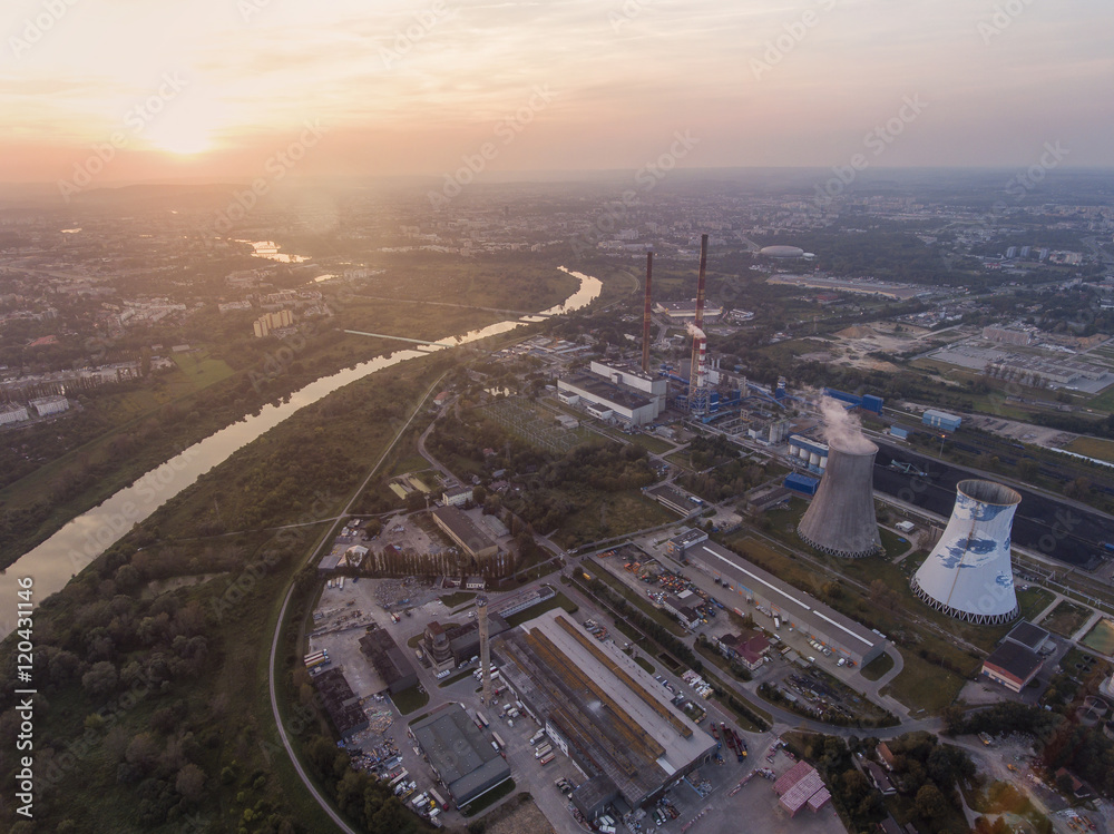 Aerial view of power station near the Krakow at sunset time