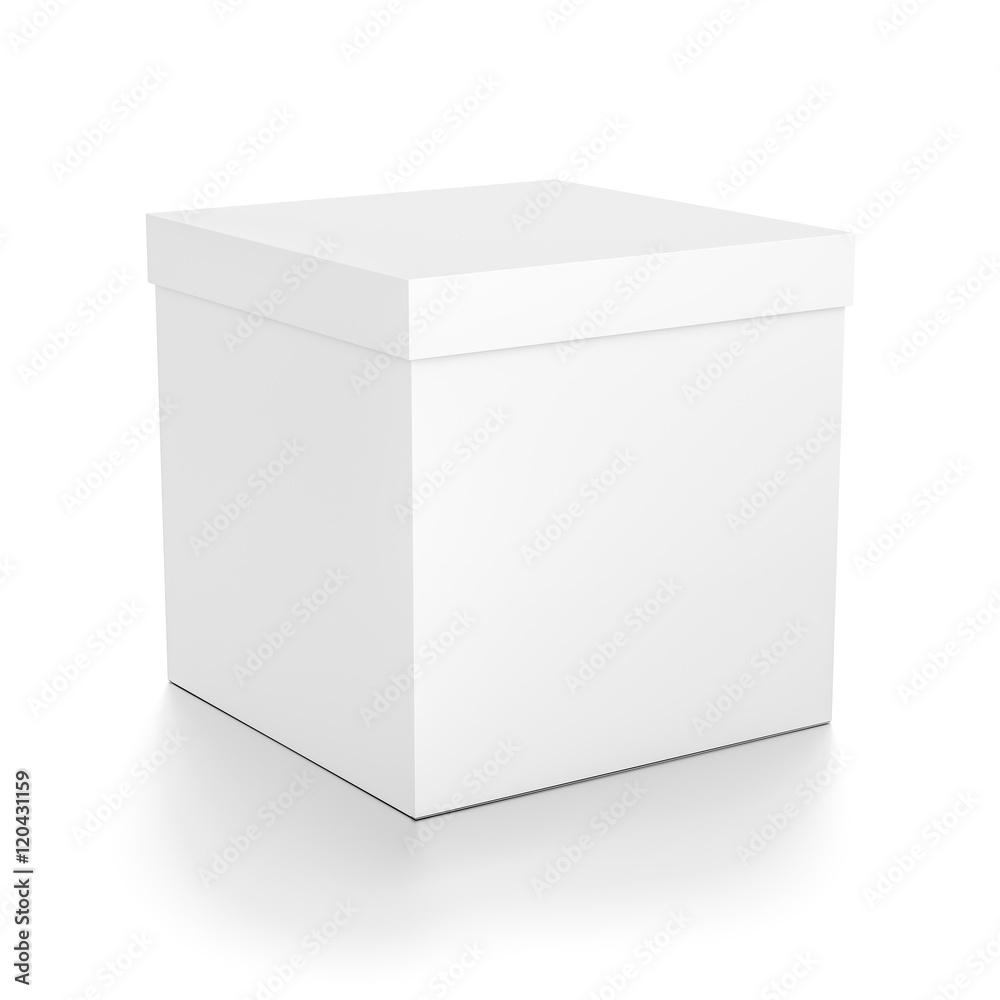 White cube blank box with cover from front far side angle. 3D illustration isolated on white background. White cube blank box with cover from front far side angle. 3D illustration isolated on white background.