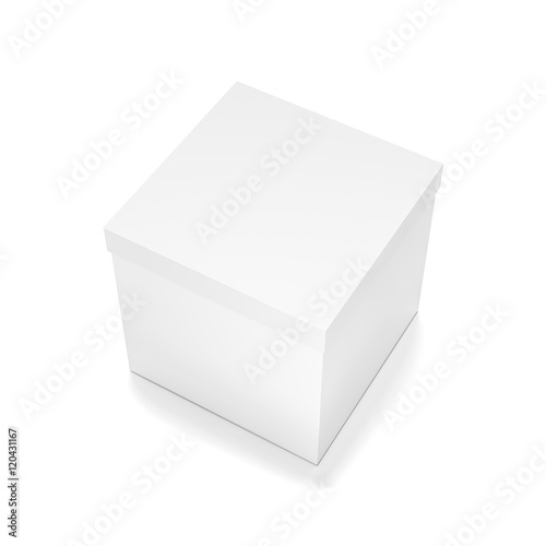 White cube blank box with cover from front far side angle. 3D illustration isolated on white background.