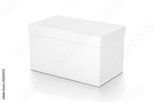 White cube blank box with cover from front far side angle. 3D illustration isolated on white background. © Mockup Cake