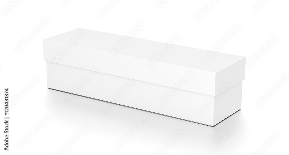 White wide horizontal rectangle blank box with cover from top side angle. White wide horizontal rectangle blank box with cover from top side angle.