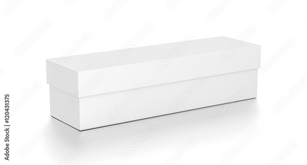 White wide horizontal rectangle blank box with cover from top side angle. White wide horizontal rectangle blank box with cover from top side angle.