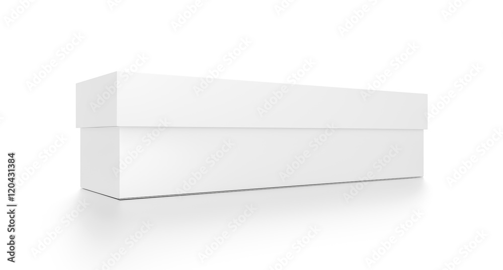 White wide horizontal rectangle blank box with cover from side closeup angle. White wide horizontal rectangle blank box with cover from side closeup angle.