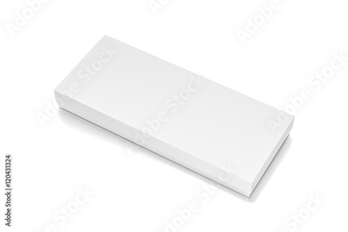 White wide thin horizontal rectangle blank box with cover from top side closeup angle.