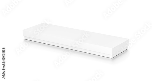 White long wide thin horizontal rectangle blank box with cover from top side angle.