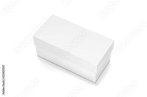 White horizontal rectangle blank box with cover from top side closeup angle. © Mockup Cake