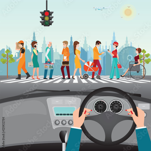 Human hands driving a car on asphalt road with people walking on