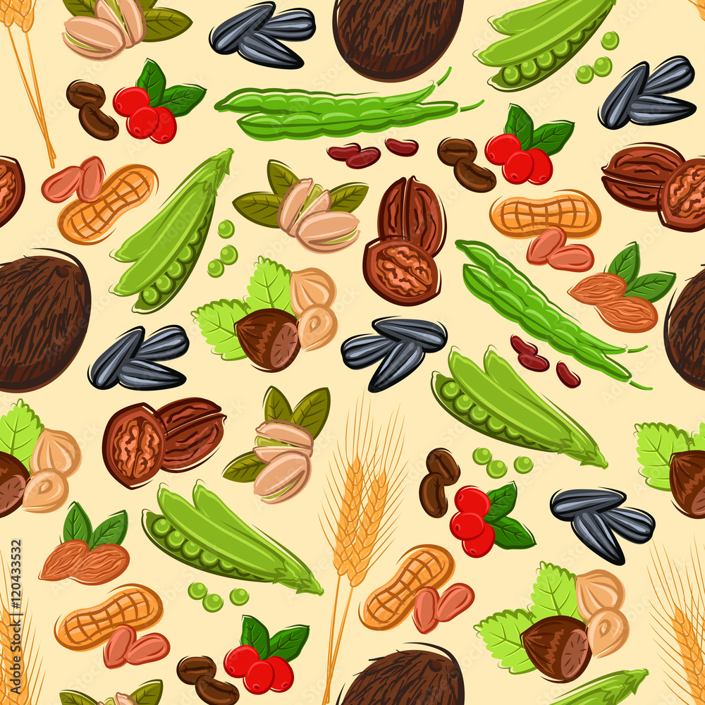 Nut, bean, seed and cereal seamless pattern Nut, bean, seed and cereal seamless pattern