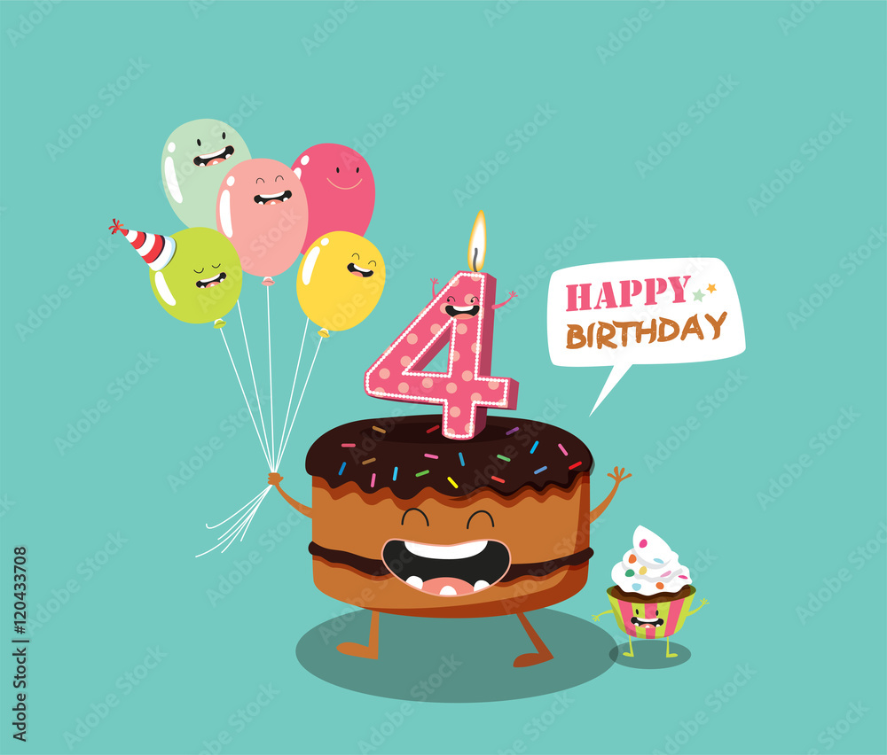 Happy birthday card. Funny cake, number candle and balloon. Vector ...