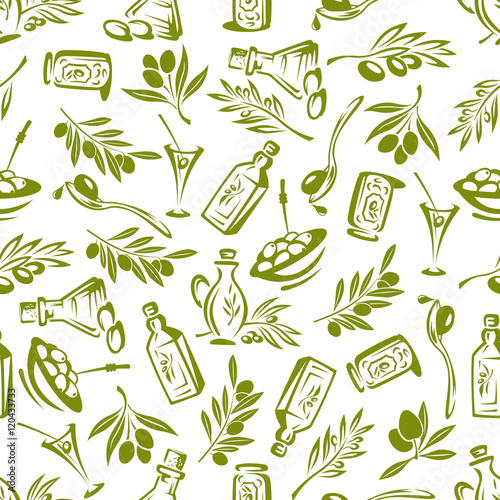 Olives branches and olive oil seamless wallpaper