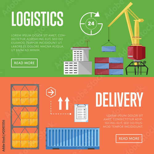 Sea port design concept set with container cargo and shipment flat design vector illustration. Cargo ship. Logistics and transportation infographic elements.