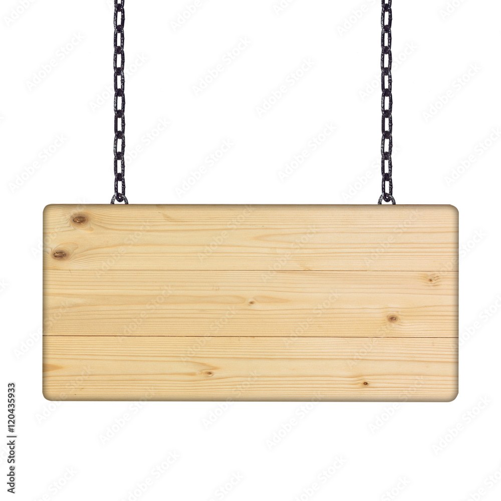 Wooden sign hanging on a chain isolated on white Wooden sign hanging on a chain isolated on white