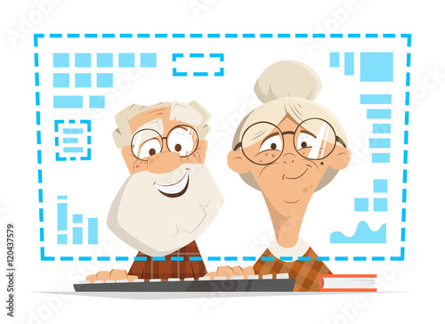 Old man woman sitting computer monitor Online people education