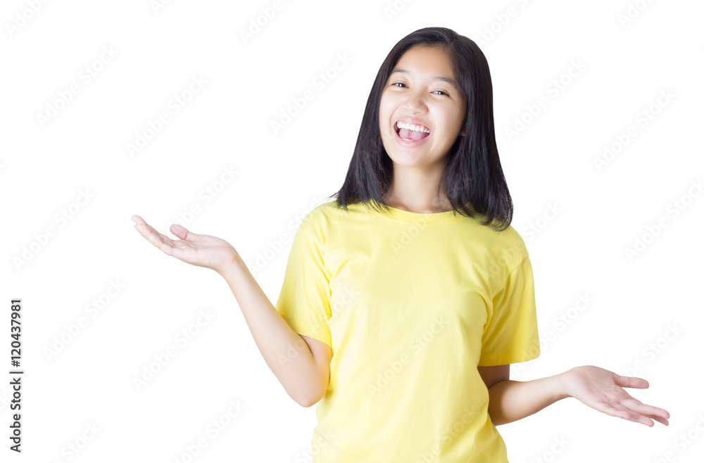 Shrugging girl in doubt doing shrug showing open palms. Shrugging girl in doubt doing shrug showing open palms.